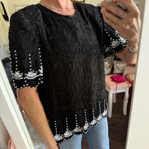 Laurence Kazar Tops - Vintage Laurence Kazar Black White Beaded Silk Top
